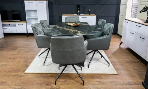 Set Masă Living Extensibilă Blat Ceramic Negru/Auriu DTM0105CS cu 6 Scaune KJC389 Gri