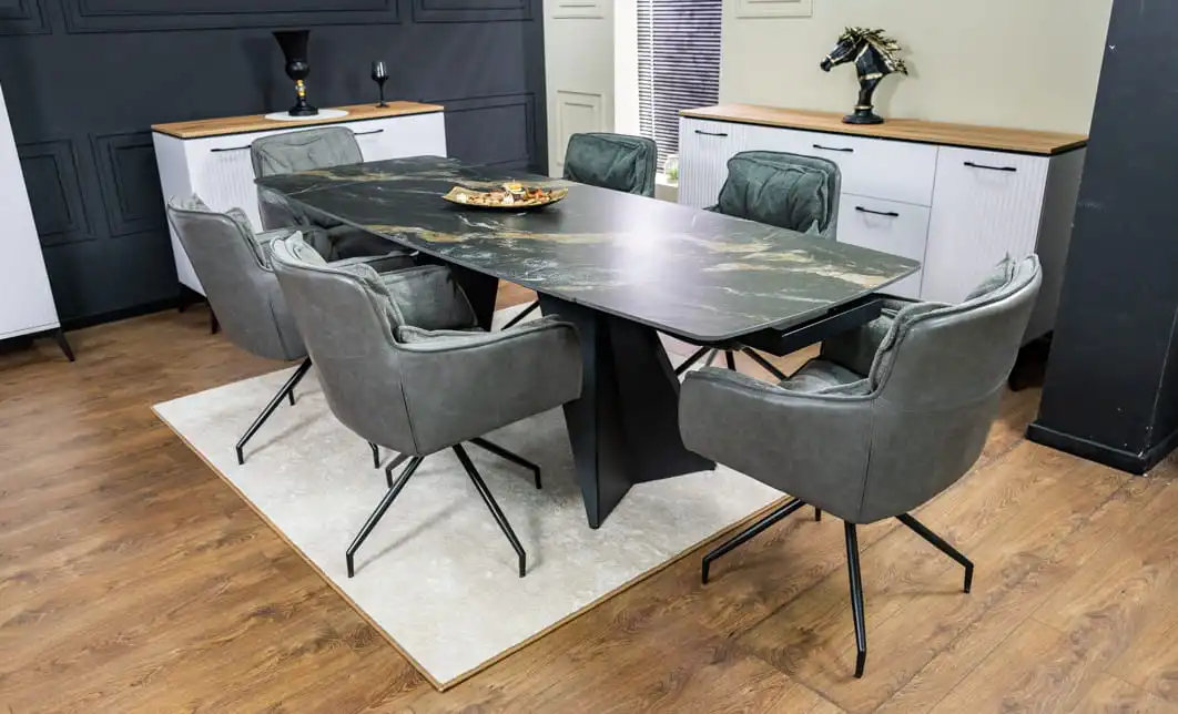 Set Masă Living Extensibilă Blat Ceramic Negru/Auriu DTM0105CS cu 6 Scaune KJC389 Gri 3