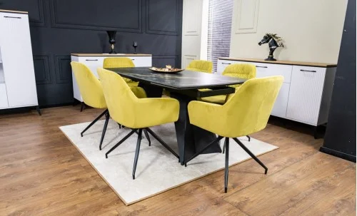 Set Masă Living Extensibilă Blat Ceramic Negru/Auriu DTM0105CS cu 6 Scaune KJC4345 Muștar