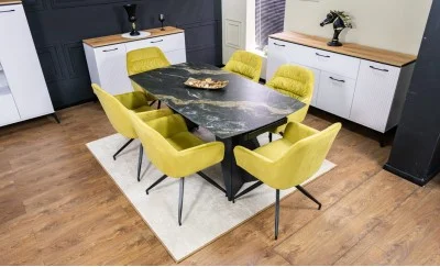 Set Masă Living Extensibilă Blat Ceramic Negru/Auriu DTM0105CS cu 6 Scaune KJC4345 Muștar