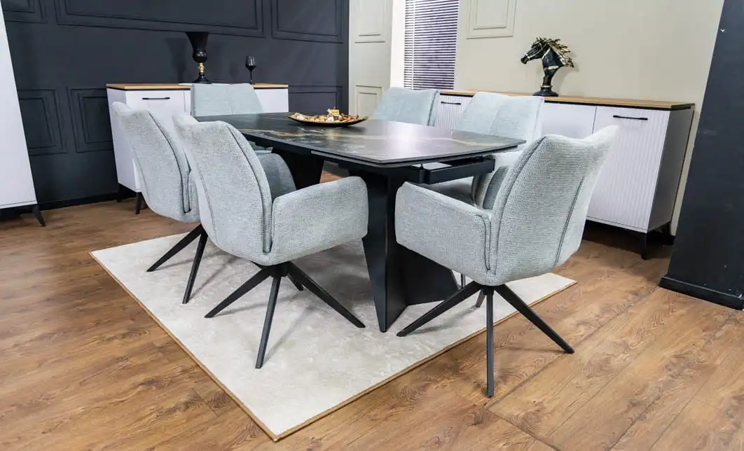 Set Masă Living Extensibilă Blat Ceramic Negru/Auriu DTM0105CS cu 6 Scaune KJC77 Gri Deschis 4