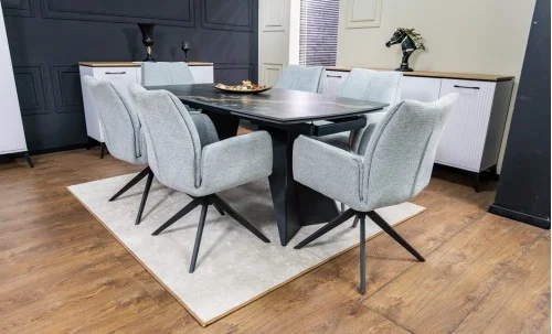 Set Masă Living Extensibilă Blat Ceramic Negru/Auriu DTM0105CS cu 6 Scaune KJC77 Gri Deschis