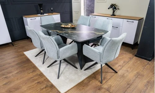 Set Masă Living Extensibilă Blat Ceramic Negru/Auriu DTM0105CS cu 6 Scaune KJC77 Gri Deschis