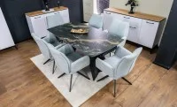 Set Masă Living Extensibilă Blat Ceramic Negru/Auriu DTM0105CS cu 6 Scaune KJC77 Gri Deschis