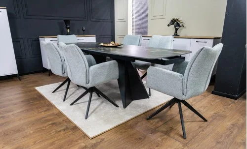 Set Masă Living Extensibilă Blat Ceramic Negru/Auriu DTM0105CS cu 6 Scaune KJC77 Gri Deschis