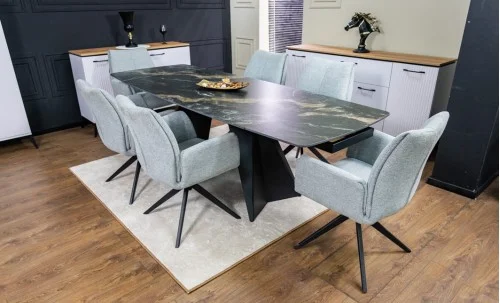 Set Masă Living Extensibilă Blat Ceramic Negru/Auriu DTM0105CS cu 6 Scaune KJC77 Gri Deschis
