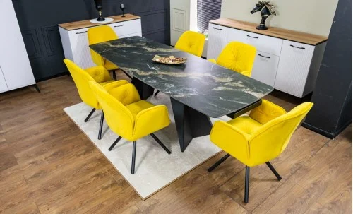Set Masă Living Extensibilă Blat Ceramic Negru/Auriu DTM0105CS cu 6 Scaune KJC80 Galbene