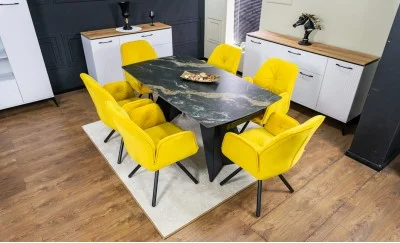 Set Masă Living Extensibilă Blat Ceramic Negru/Auriu DTM0105CS cu 6 Scaune KJC80 Galbene