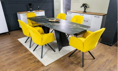 Set Masă Living Extensibilă Blat Ceramic Negru/Auriu DTM0105CS cu 6 Scaune KJC80 Galbene