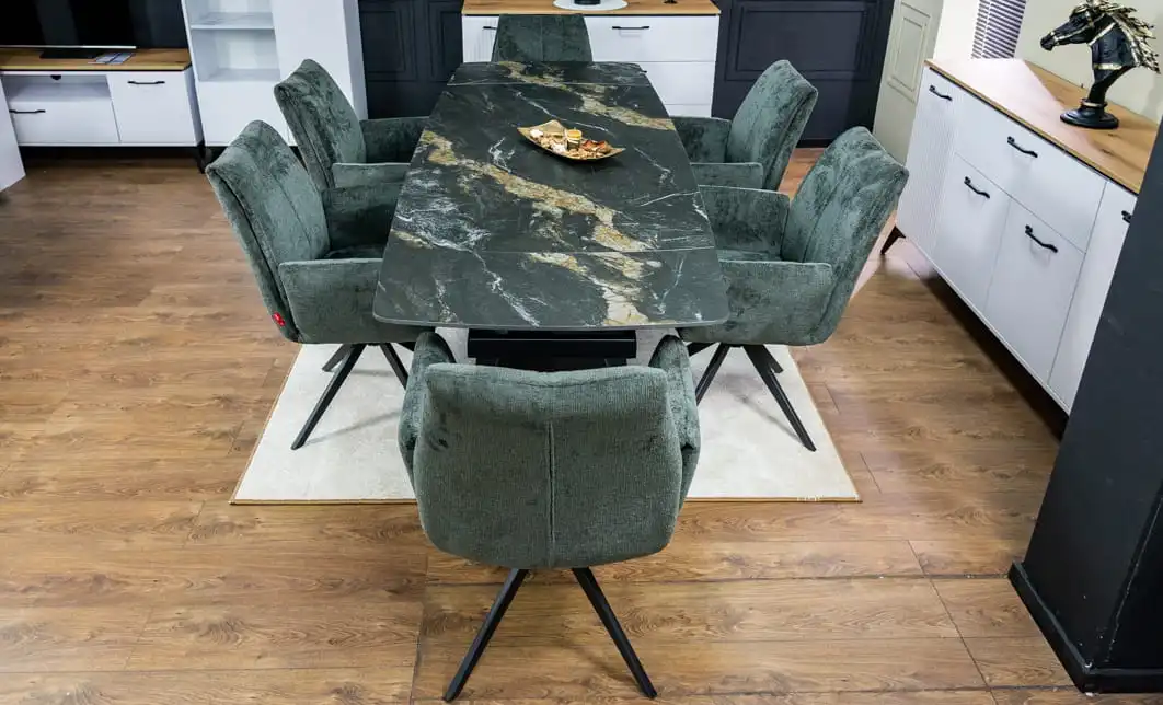 Set Masă Living Extensibilă Blat Ceramic Negru/Auriu DTM0105CS cu 6 Scaune DCM0601AS Gri Închis 8