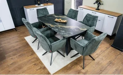 Set Masă Living Extensibilă Blat Ceramic Negru/Auriu DTM0105CS cu 6 Scaune DCM0601AS Gri Închis
