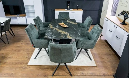 Set Masă Living Extensibilă Blat Ceramic Negru/Auriu DTM0105CS cu 6 Scaune DCM0601AS Gri Închis