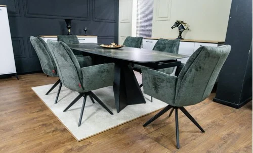 Set Masă Living Extensibilă Blat Ceramic Negru/Auriu DTM0105CS cu 6 Scaune DCM0601AS Gri Închis