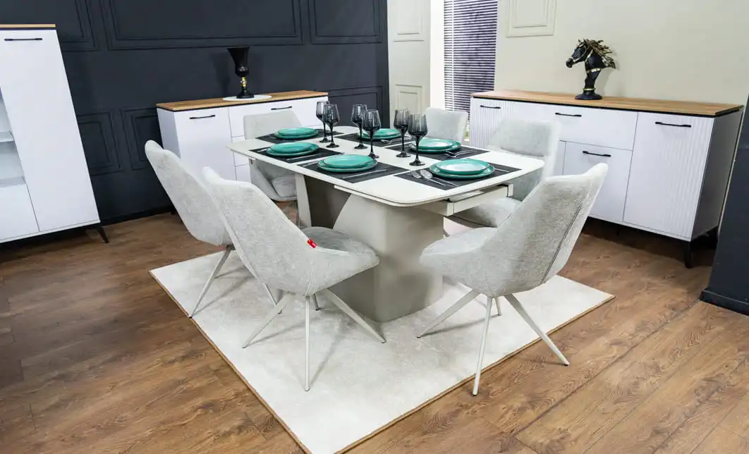 Set Masă Living Extensibilă DTM0405CS Bej cu 6 Scaune DCM0108CS Gri