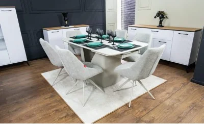 Set Masă Living Extensibilă DTM0405CS Bej cu 6 Scaune DCM0108CS Gri