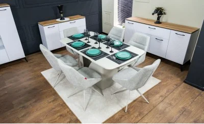 Set Masă Living Extensibilă DTM0405CS Bej cu 6 Scaune DCM0108CS Gri