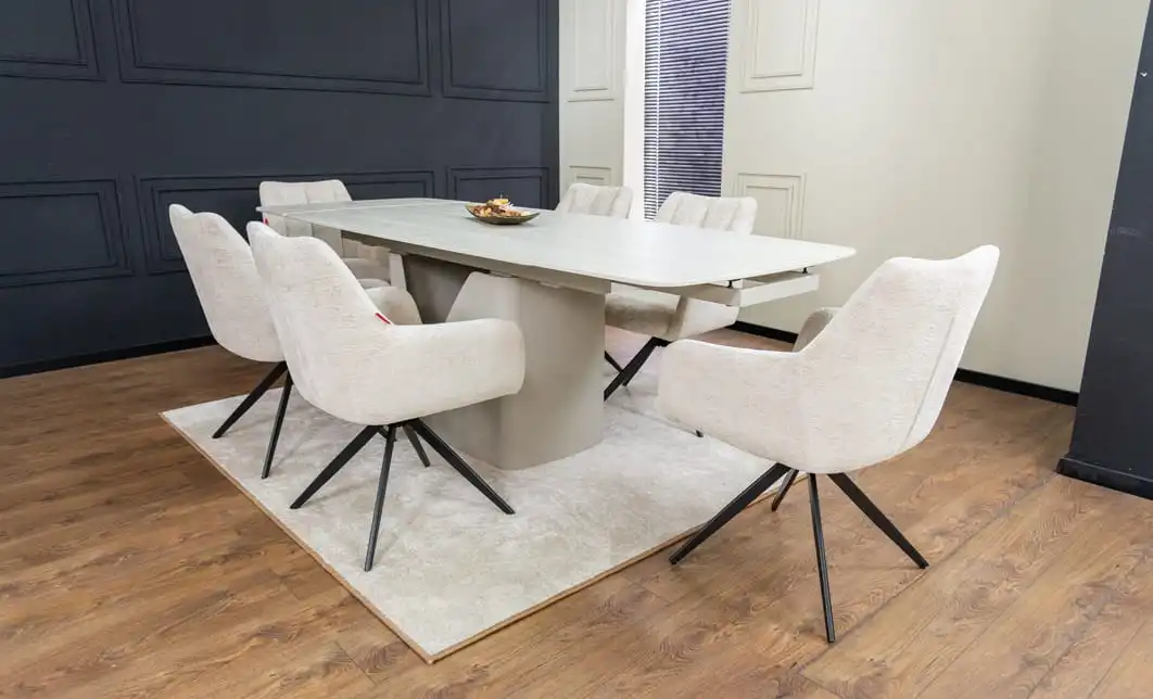 Set Masă Living Extensibilă DTM0405CS Blat Ceramic Bej cu 6 Scaune Rotative DCM0112 Bej 3