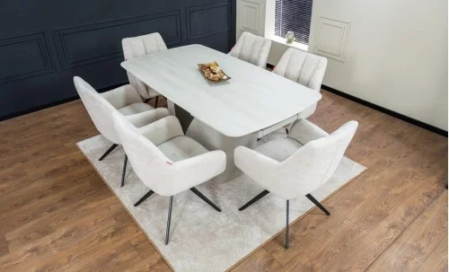 Set Masă Living Extensibilă DTM0405CS Blat Ceramic Bej cu 6 Scaune Rotative DCM0112 Bej