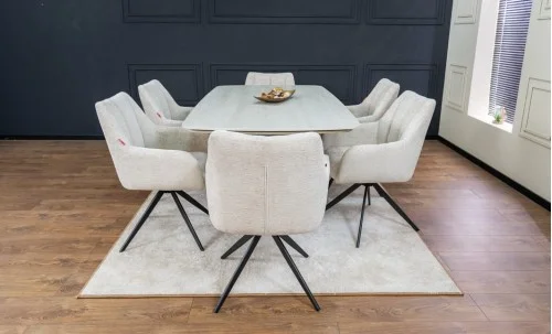 Set Masă Living Extensibilă DTM0405CS Blat Ceramic Bej cu 6 Scaune Rotative DCM0112 Bej