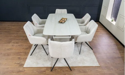 Set Masă Living Extensibilă DTM0405CS Blat Ceramic Bej cu 6 Scaune Rotative DCM0112 Bej