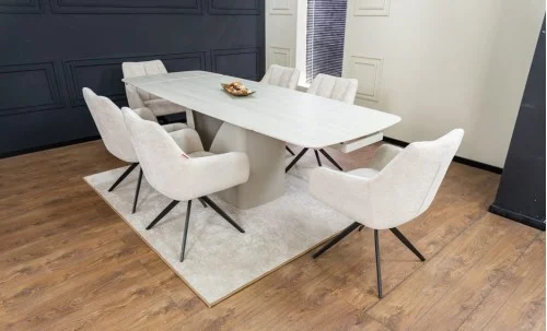 Set Masă Living Extensibilă DTM0405CS Blat Ceramic Bej cu 6 Scaune Rotative DCM0112 Bej