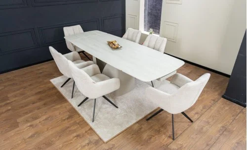 Set Masă Living Extensibilă DTM0405CS Blat Ceramic Bej cu 6 Scaune Rotative DCM0112 Bej