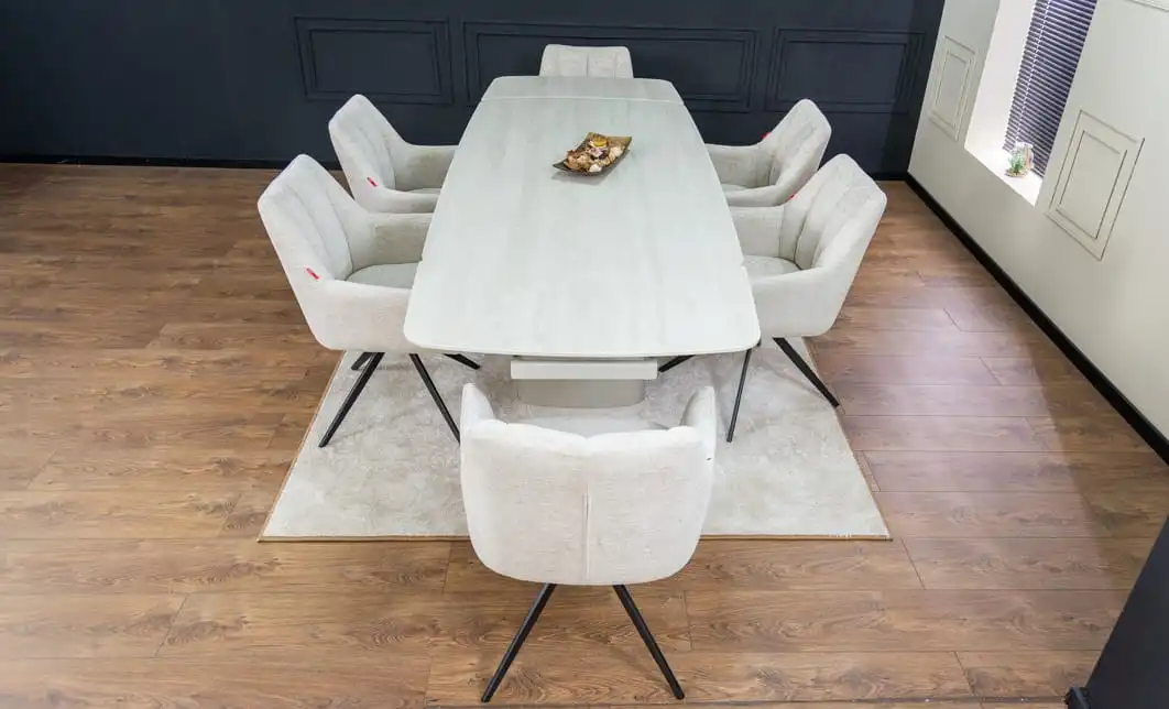 Set Masă Living Extensibilă DTM0405CS Blat Ceramic Bej cu 6 Scaune Rotative DCM0112 Bej 7