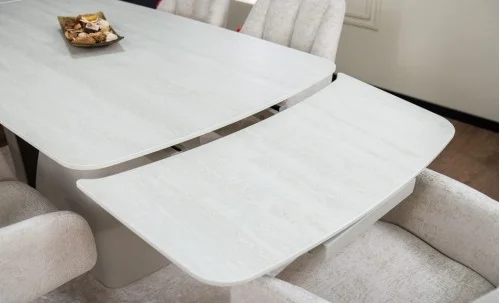 Set Masă Living Extensibilă DTM0405CS Blat Ceramic Bej cu 6 Scaune Rotative DCM0112 Bej