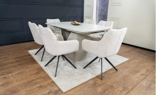 Set Masă Living Extensibilă DTM0405CS Blat Ceramic Bej cu 6 Scaune Rotative DCM0112 Bej