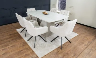 Set Masă Living Extensibilă DTM0405CS Blat Ceramic Bej cu 6 Scaune Rotative DCM0112 Bej
