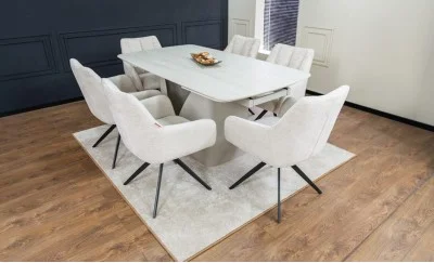 Set Masă Living Extensibilă DTM0405CS Blat Ceramic Bej cu 6 Scaune Rotative DCM0112 Bej