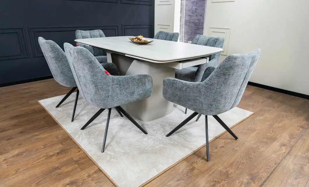 Set Masă Living Extensibilă DTM0405CS Blat Ceramic Bej cu 6 Scaune Rotative DCM0112 Gri 3