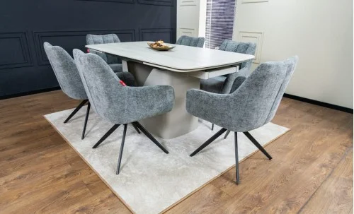Set Masă Living Extensibilă DTM0405CS Blat Ceramic Bej cu 6 Scaune Rotative DCM0112 Gri