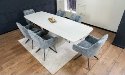 Set Masă Living Extensibilă DTM0405CS Blat Ceramic Bej cu 6 Scaune Rotative DCM0112 Gri