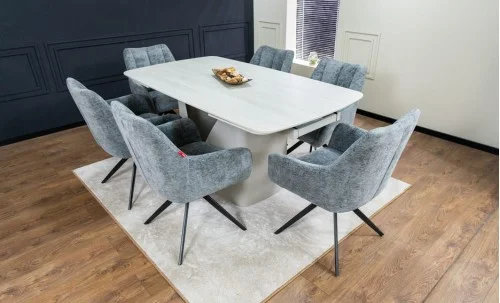 Set Masă Living Extensibilă DTM0405CS Blat Ceramic Bej cu 6 Scaune Rotative DCM0112 Gri