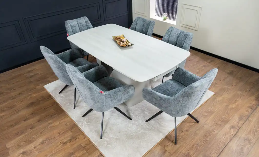 Set Masă Living Extensibilă DTM0405CS Blat Ceramic Bej cu 6 Scaune Rotative DCM0112 Gri 5