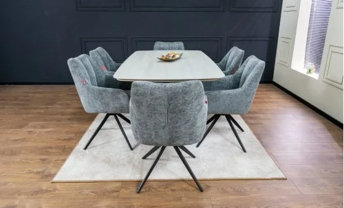 Set Masă Living Extensibilă DTM0405CS Blat Ceramic Bej cu 6 Scaune Rotative DCM0112 Gri