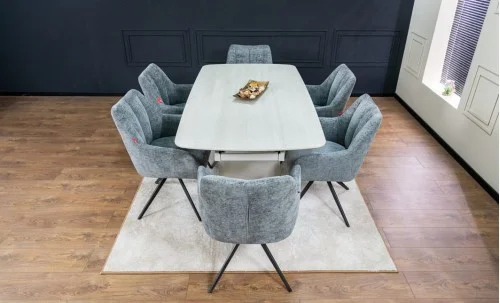 Set Masă Living Extensibilă DTM0405CS Blat Ceramic Bej cu 6 Scaune Rotative DCM0112 Gri