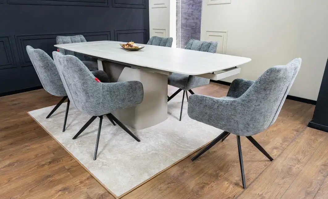 Set Masă Living Extensibilă DTM0405CS Blat Ceramic Bej cu 6 Scaune Rotative DCM0112 Gri 2