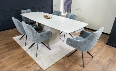Set Masă Living Extensibilă DTM0405CS Blat Ceramic Bej cu 6 Scaune Rotative DCM0112 Gri