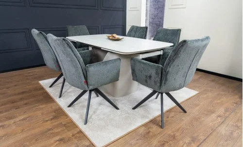 Set Masă Living Extensibilă DTM0405CS Bej cu 6 Scaune DCM0601AS Gri Închis