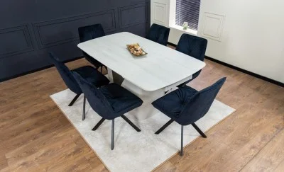 Set Masă Living Extensibilă DTM0405CS Blat Ceramic Bej cu 6 Scaune Rotative KJC356 Negre