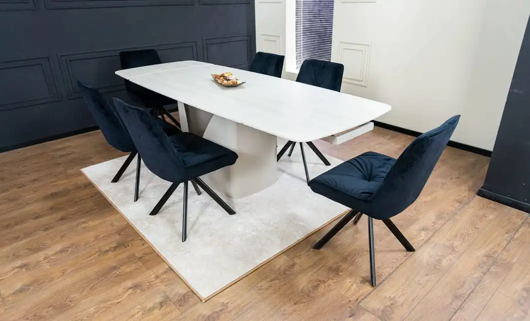 Set Masă Living Extensibilă DTM0405CS Blat Ceramic Bej cu 6 Scaune Rotative KJC356 Negre 4