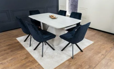 Set Masă Living Extensibilă DTM0405CS Blat Ceramic Bej cu 6 Scaune Rotative KJC356 Negre