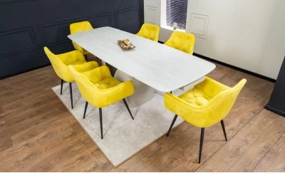 Set Masă Living Extensibilă DTM0405CS Blat Ceramic Bej cu 6 Scaune Tapițate KJC38 Galbene