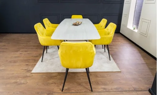 Set Masă Living Extensibilă DTM0405CS Blat Ceramic Bej cu 6 Scaune Tapițate KJC38 Galbene