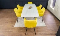 Set Masă Living Extensibilă DTM0405CS Blat Ceramic Bej cu 6 Scaune Tapițate KJC38 Galbene 7