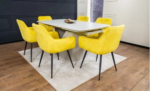 Set Masă Living Extensibilă DTM0405CS Blat Ceramic Bej cu 6 Scaune Tapițate KJC38 Galbene