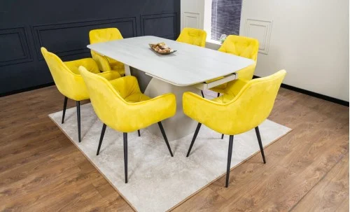 Set Masă Living Extensibilă DTM0405CS Blat Ceramic Bej cu 6 Scaune Tapițate KJC38 Galbene