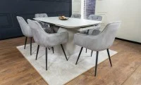 Set Masă Living Extensibilă DTM0405CS Blat Ceramic Bej cu 6 Scaune Tapițate KJC38 Gri 3